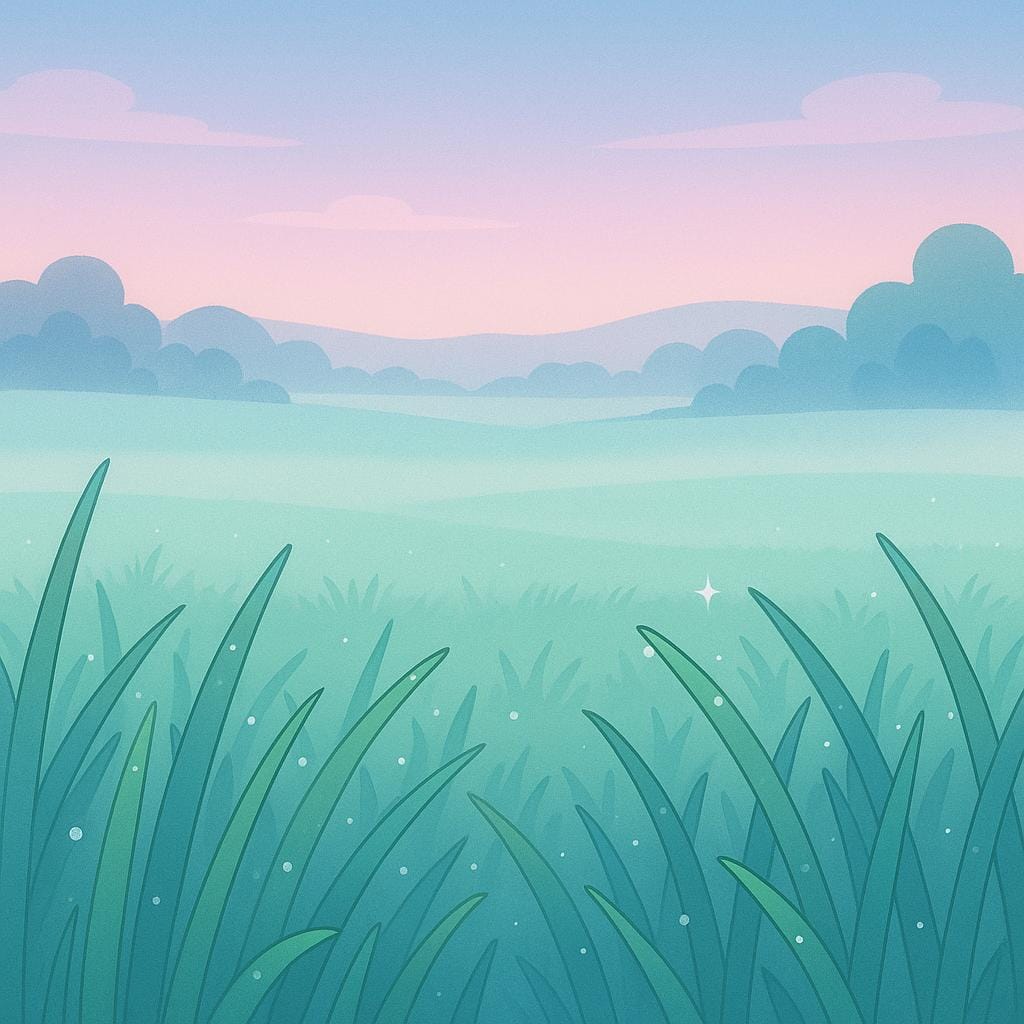 A quiet, misty meadow scene at dawn where dew covers the grass and a gentle fog hangs low over the landscape, symbolizing coolness.
