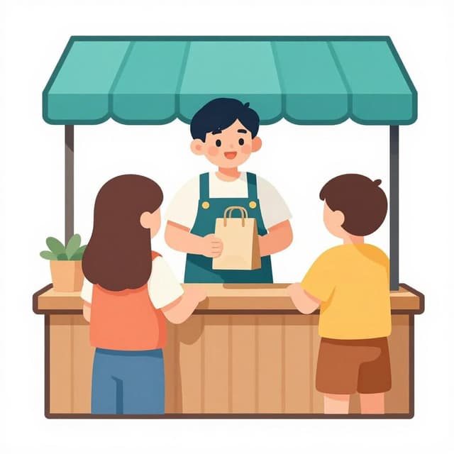 Un negoziante che porge un sacchetto di carta marrone a un cliente dietro un bancone di legno.