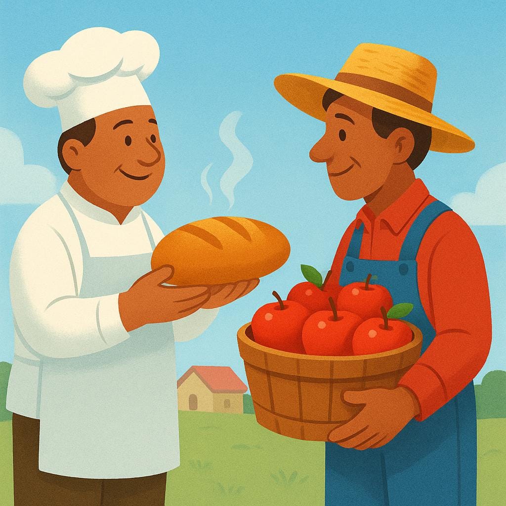 A baker handing a loaf of fresh bread to a farmer in exchange for a basket of apples, illustrating payment using goods.