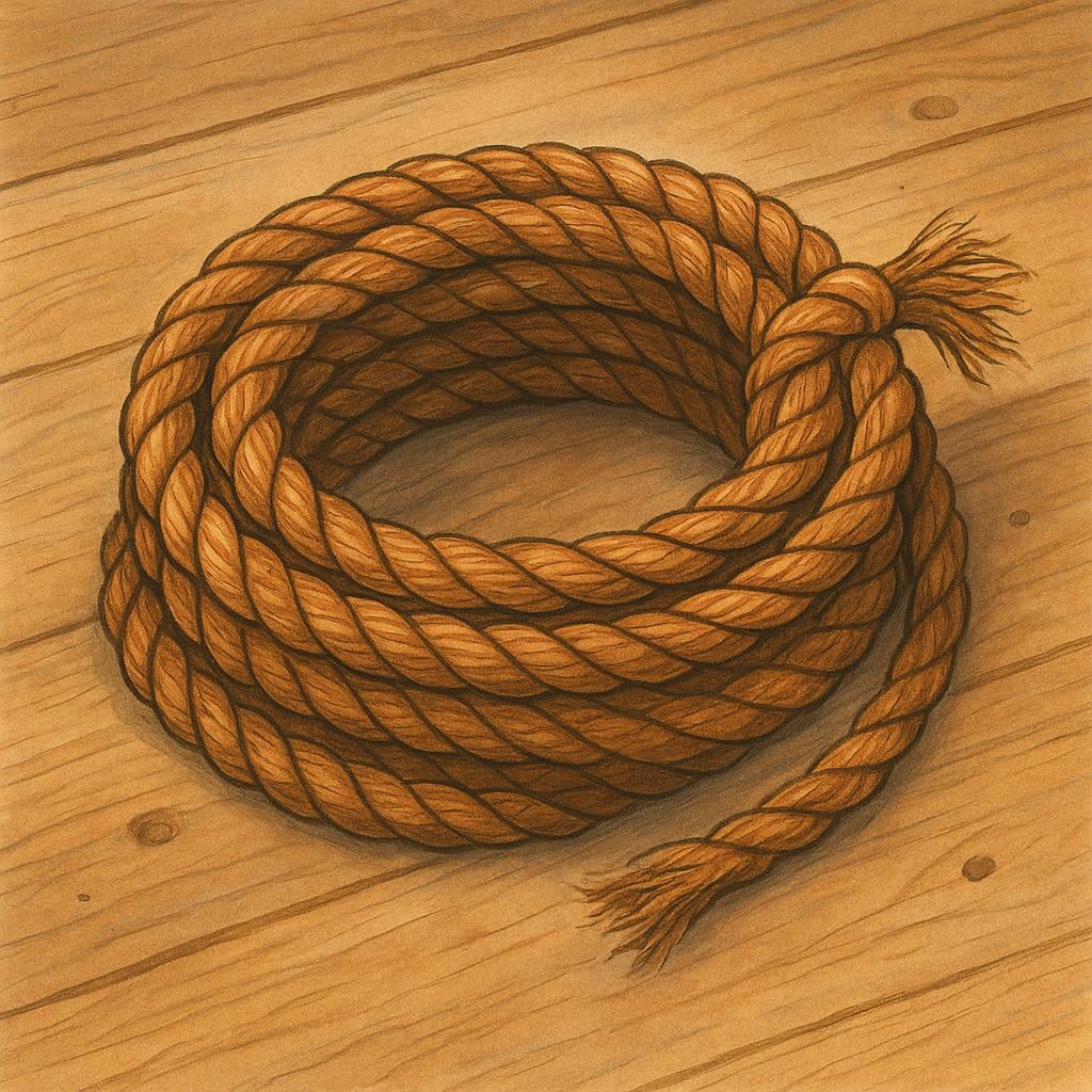 A thick, coiled brown hemp rope resting on a wooden floor.
