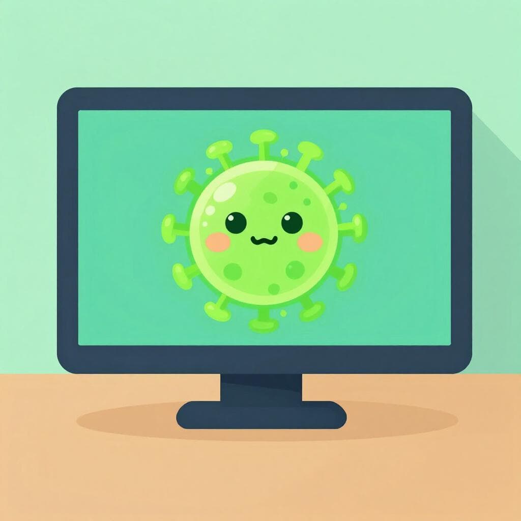 Un écran d'ordinateur affichant une icône de virus verte, pixélisée et lumineuse pour représenter une infection technologique.