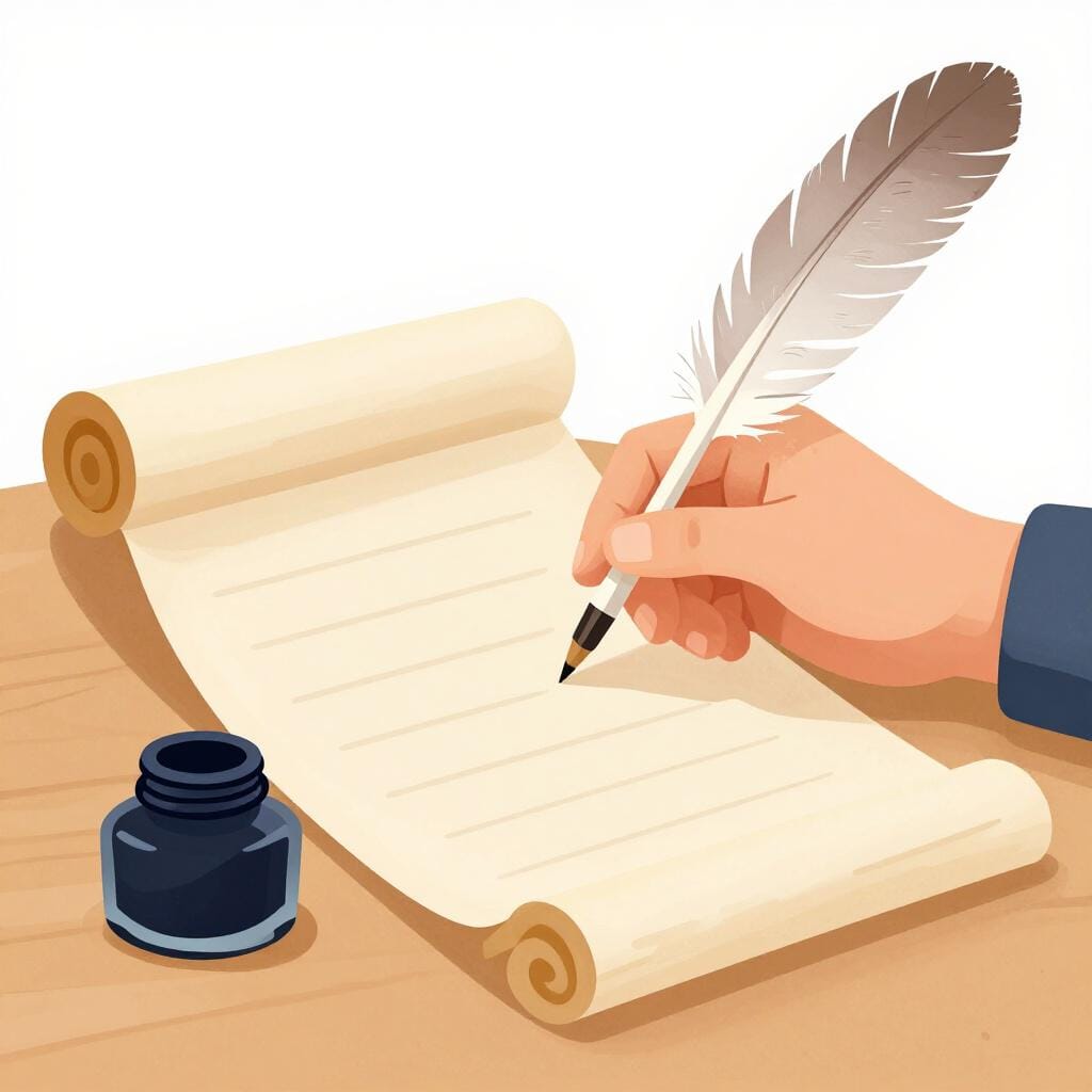 Een persoon die een ganzenveer vasthoudt en zorgvuldig schrijft op een lang stuk perkamentpapier.