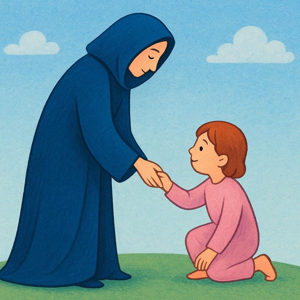 A tall, cloaked figure extends a hand to lift a small, kneeling figure in a desolate landscape, symbolizing mercy and compassion.