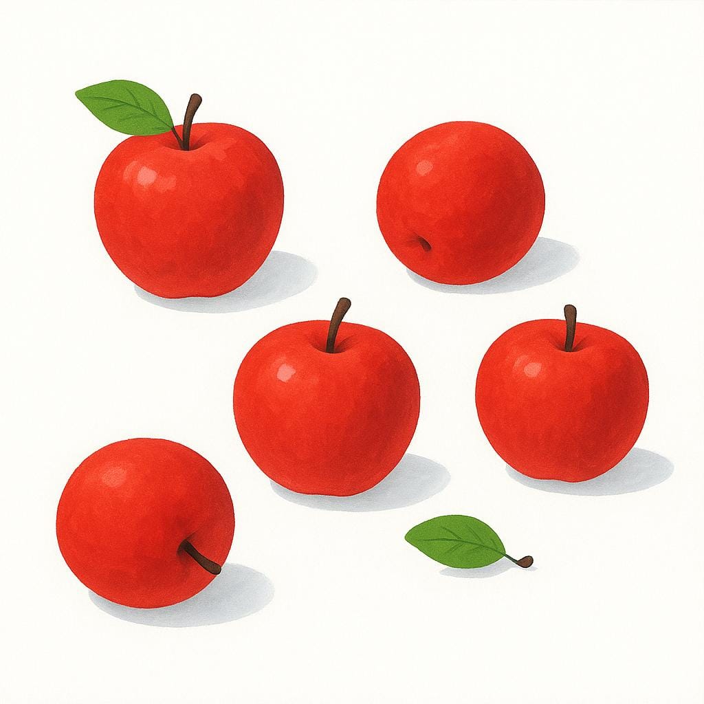 Vijf felrode appels liggen los verspreid op een effen wit oppervlak.