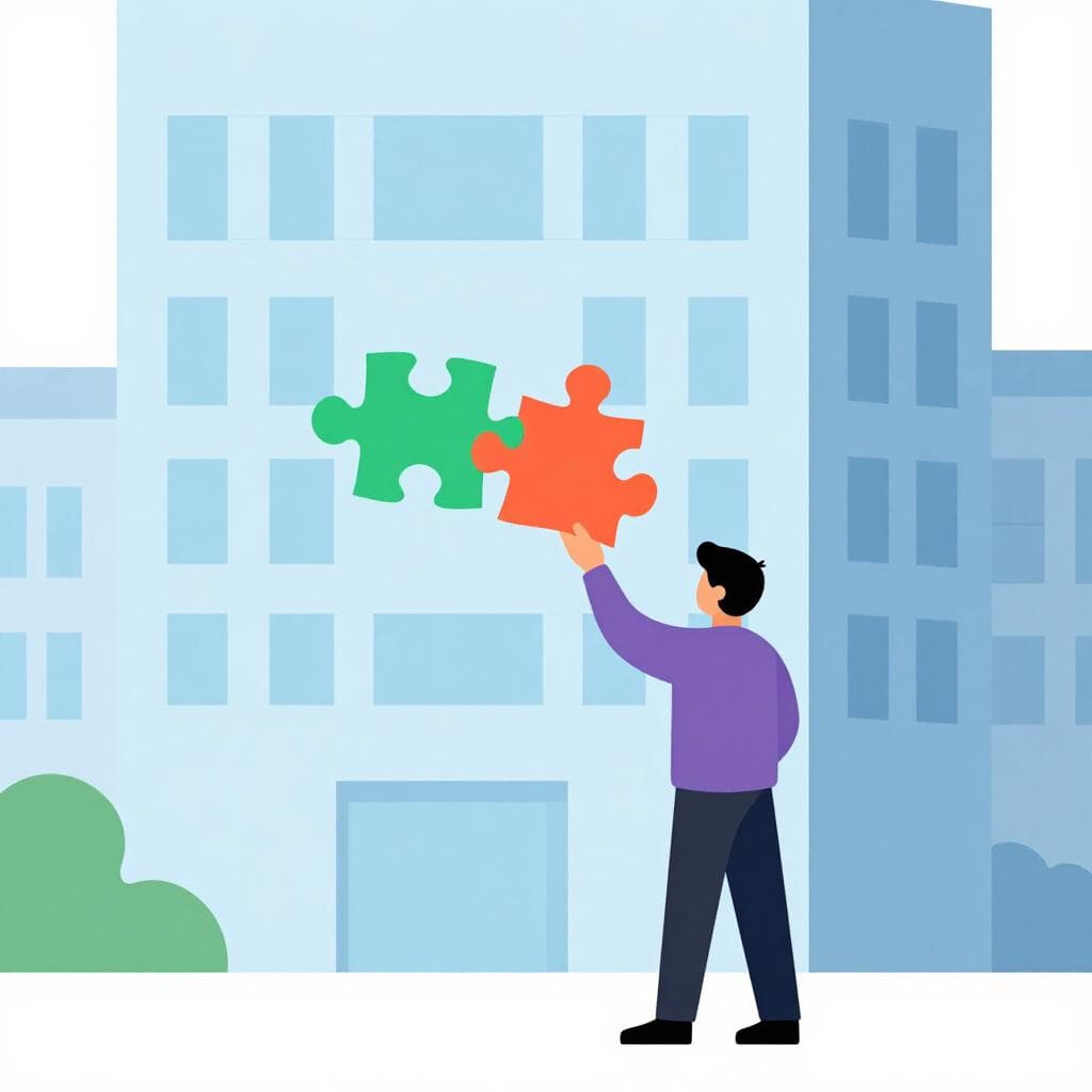 Une personne tenant un petit morceau de puzzle coloré qui représente une partie d'un bâtiment plus grand en arrière-plan.