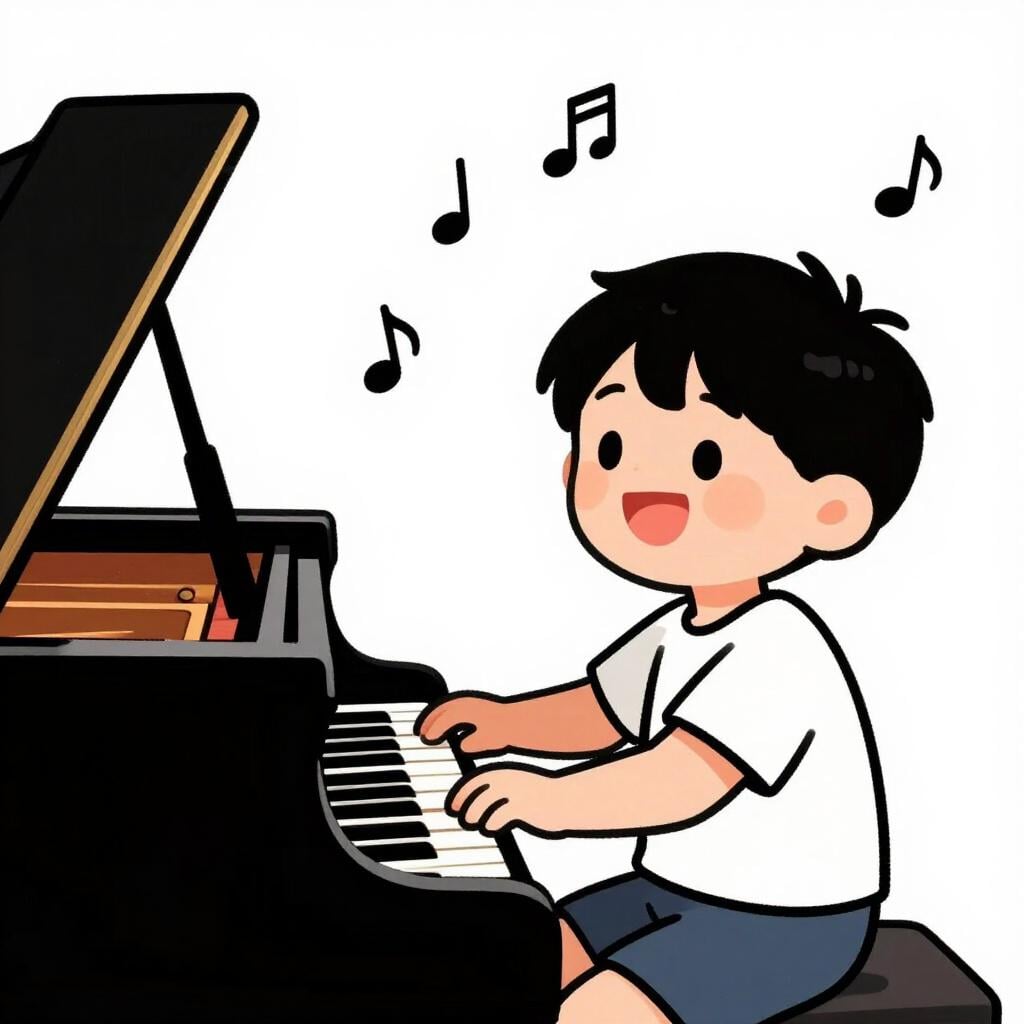 A child sitting at a piano, playing with focus and ease.