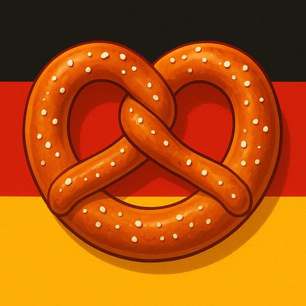 A large, golden-brown Bavarian pretzel (Brezel) set against a simple background featuring the colors of the German flag: black, red, and gold.