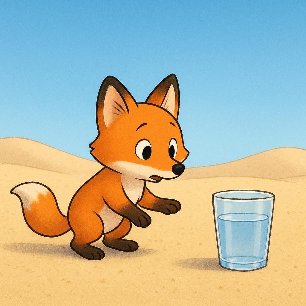 A small, orange cartoon desert fox standing on dry sand, looking intensely and longingly at a single, full glass of clear water placed just out of reach.