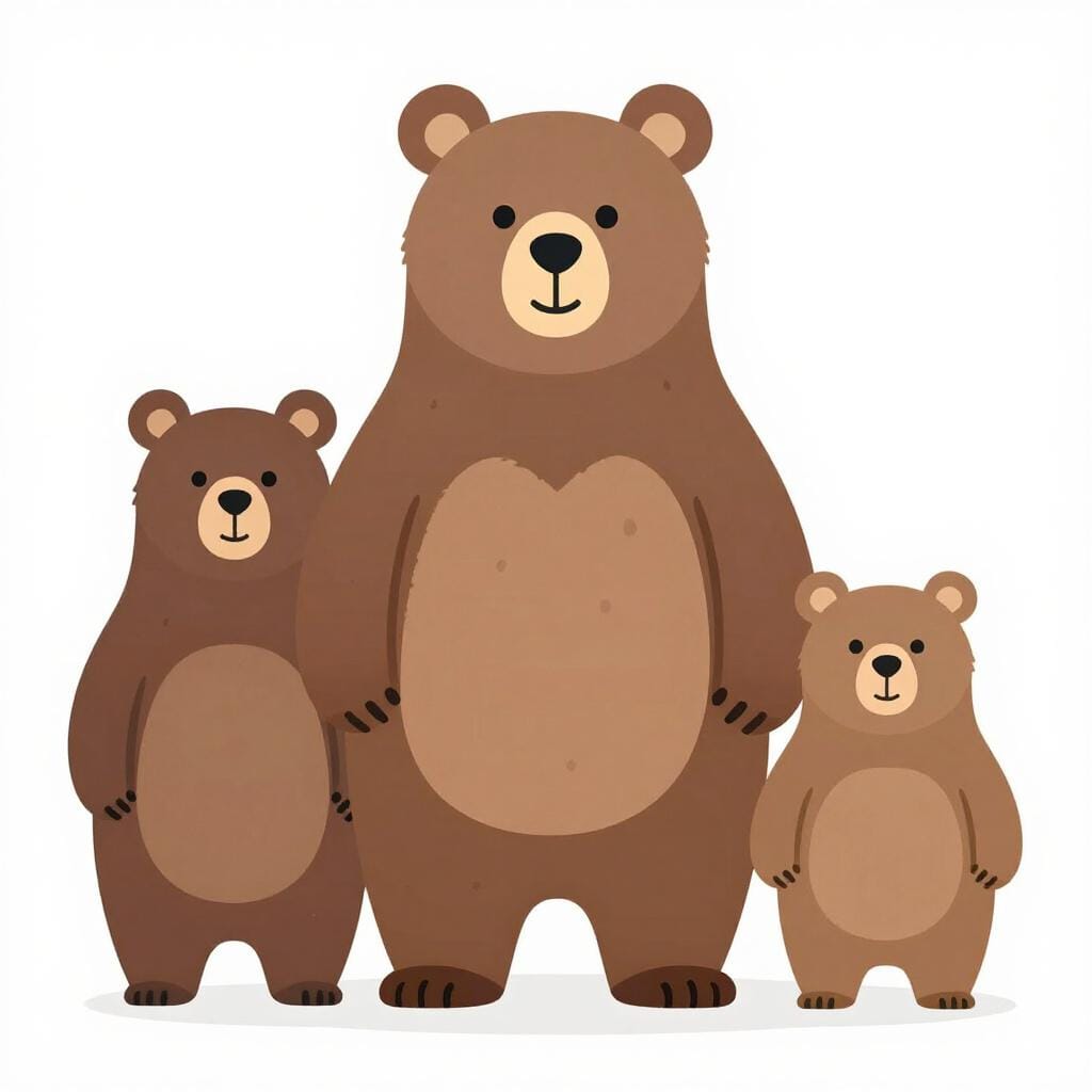 Three bears standing together: a big bear, a middle-sized bear, and a small bear.