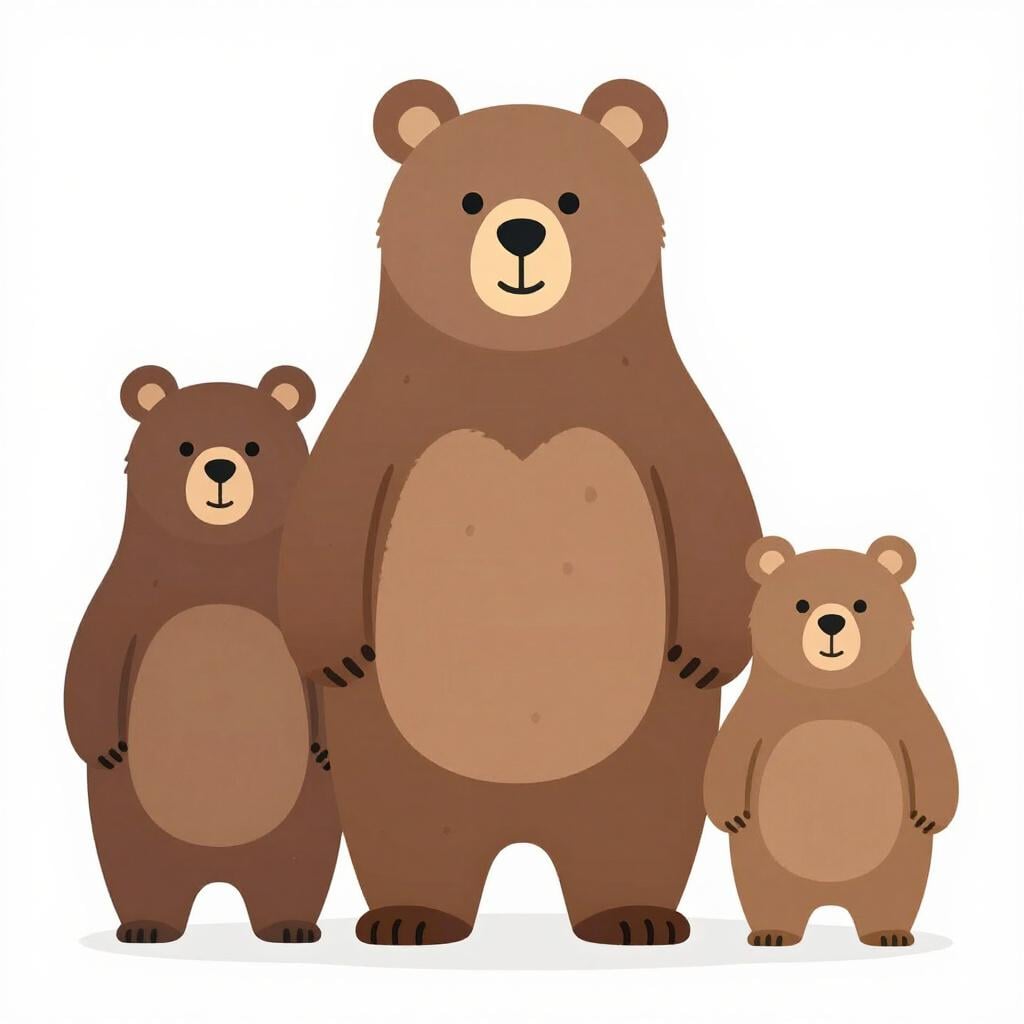 Three bears standing together: a big bear, a middle-sized bear, and a small bear.