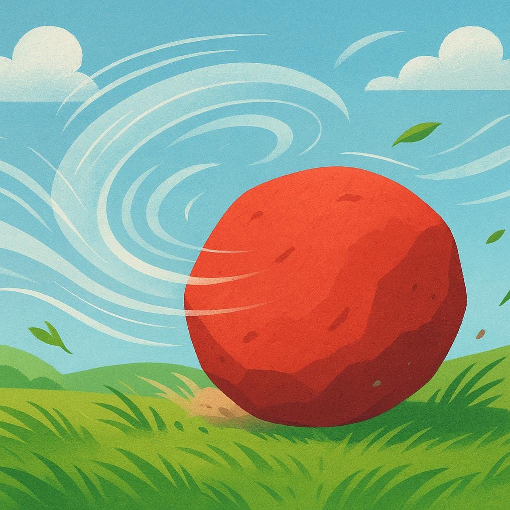 A powerful, visible gust of stylized wind pushing a heavy, simple red boulder across a flat green landscape, symbolizing an initiating force.