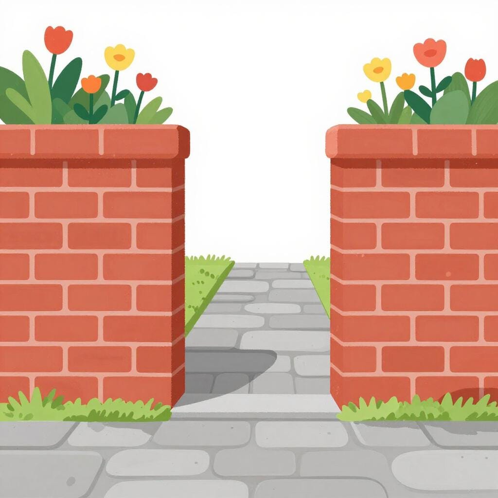 A brick wall built across a path that leads to a beautiful garden.