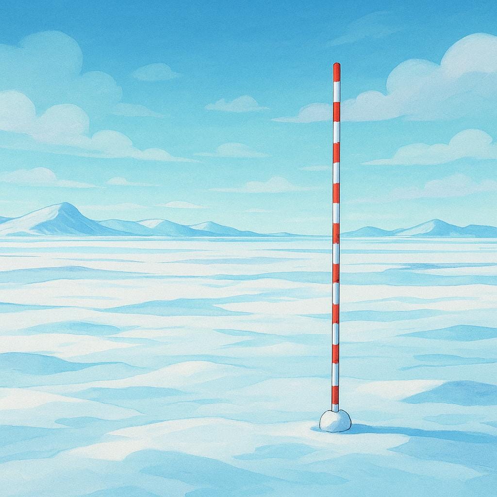 A snowy arctic landscape with a single tall, thin red and white striped pole standing upright in the snow.