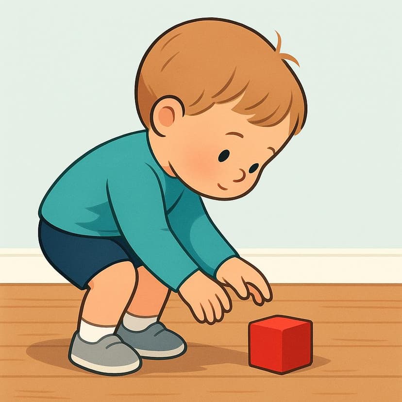 A child bending down to pick up a bright red toy block from a wooden floor.