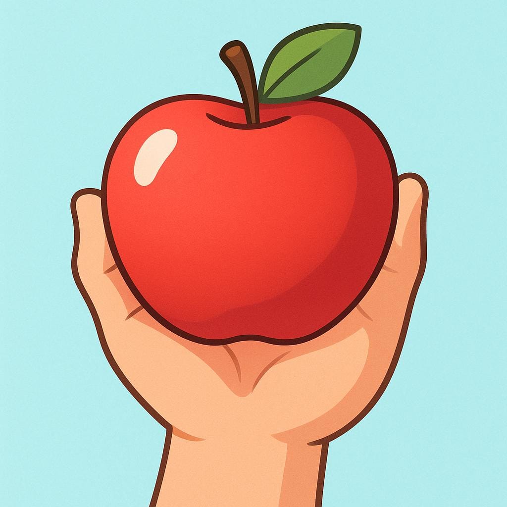 Eine Nahaufnahme einer Hand, die einen leuchtend roten Apfel fest von einer Oberfläche greift.