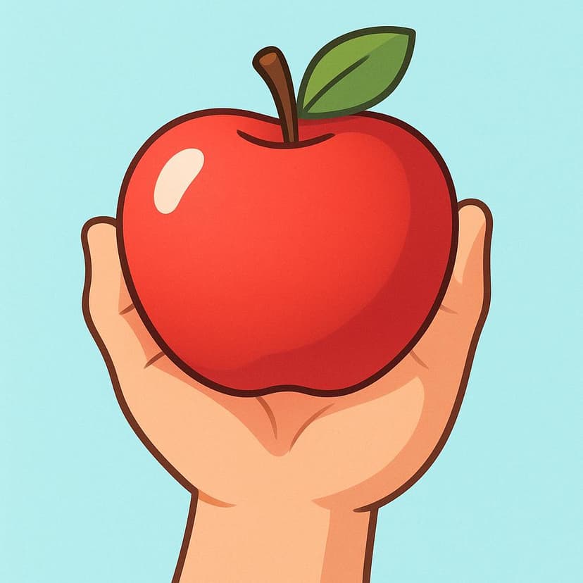 A close-up illustration of a hand firmly grabbing a bright red apple from a surface.
