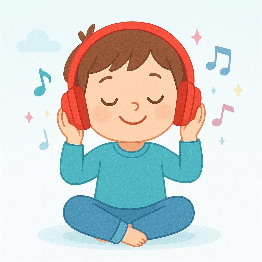Un bambino felice seduto e in ascolto attento con cuffie rosso vivo, con note musicali soffuse che fluttuano intorno alla sua testa.