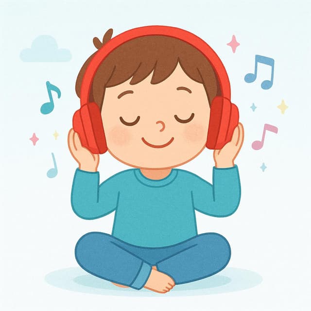 Een blij kind dat aandachtig luistert naar een felrode koptelefoon, met zachte muzieknootjes die rond hun hoofd zweven.