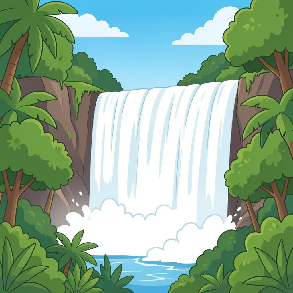 A wide, powerful waterfall surrounded by dense green tropical jungle.
