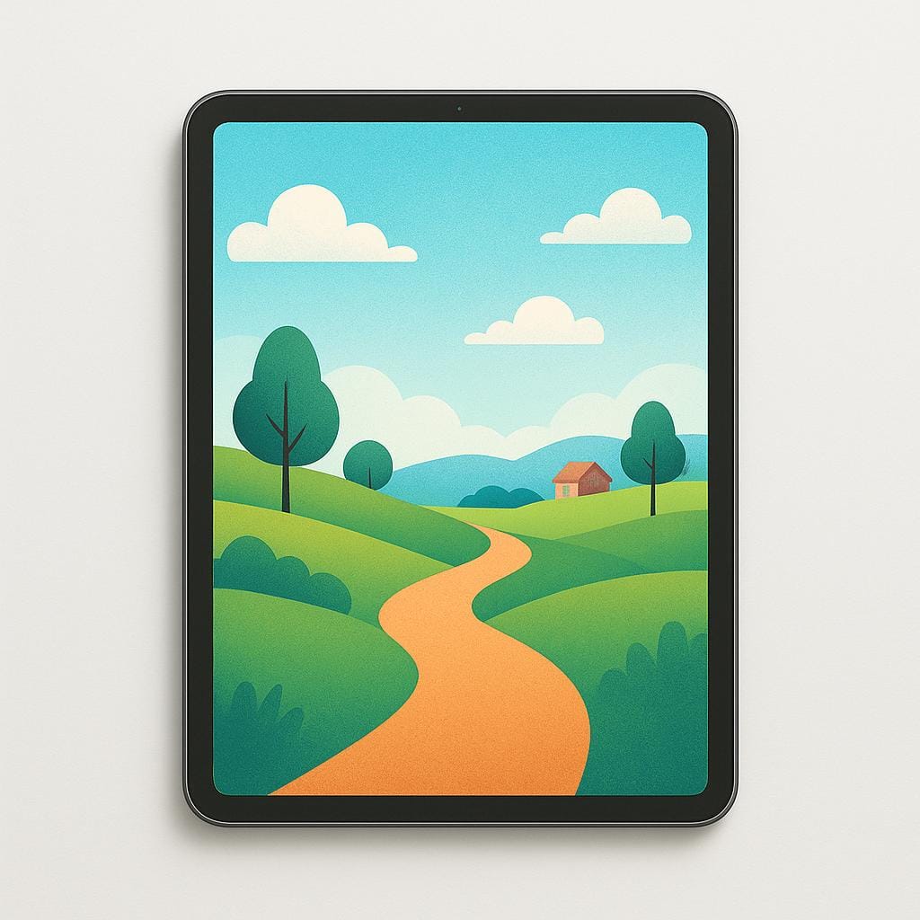 A minimalist tablet device displaying a screen that features a large, central illustration of a welcoming house and garden, representing a homepage.