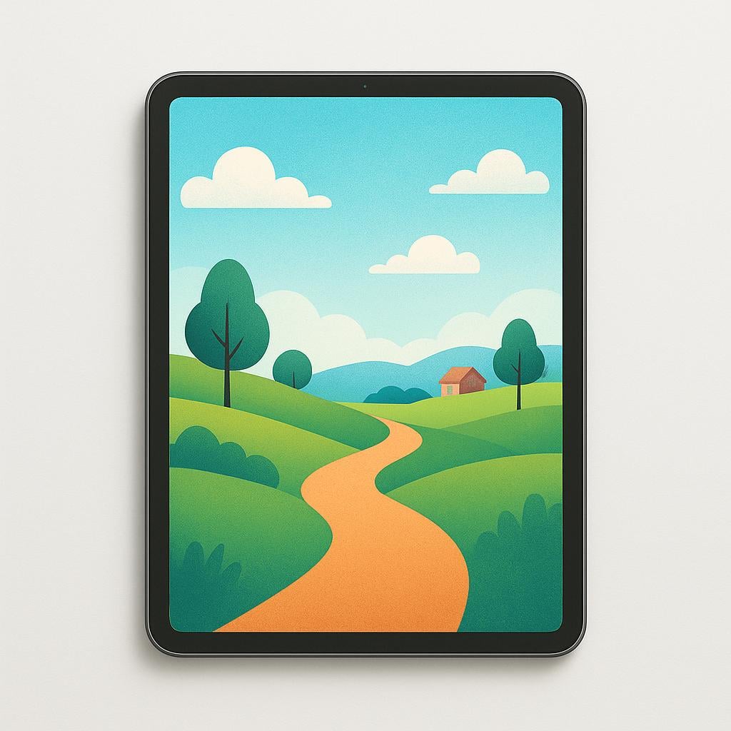 A minimalist tablet device displaying a screen that features a large, central illustration of a welcoming house and garden, representing a homepage.
