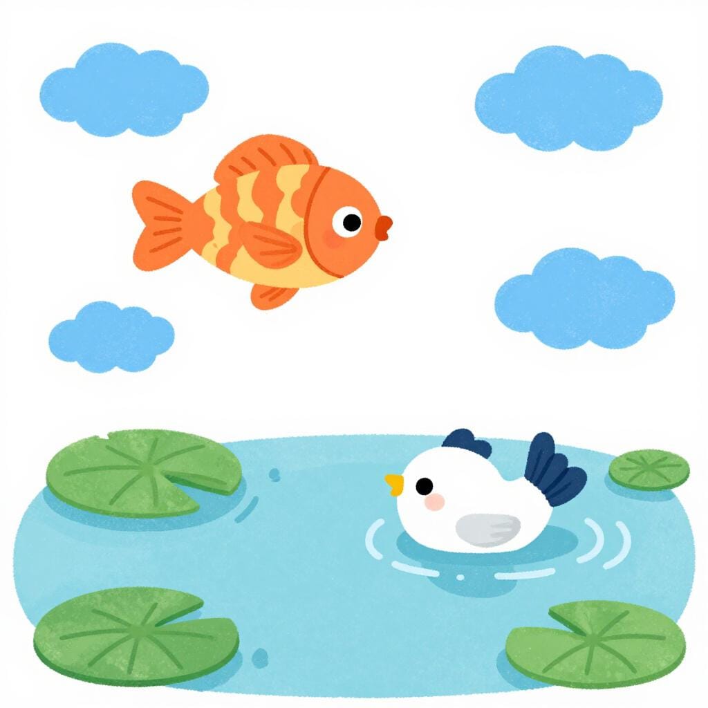 Une scène fantaisiste où un poisson vole dans le ciel et un oiseau nage sous l'eau.