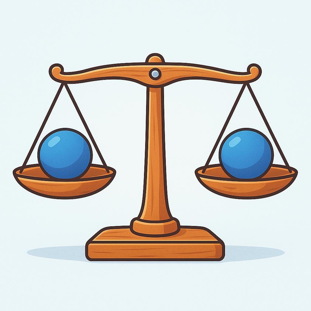A simple, wooden balance scale holding two identical, smooth, round blue stones, showing perfect equilibrium and fairness.