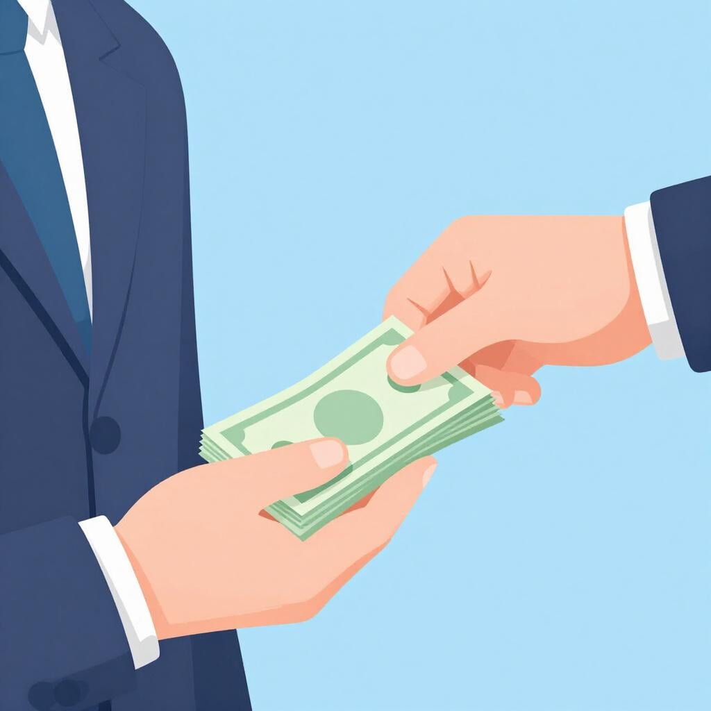 Une main tenant une liasse de billets de banque tendue à une personne en costume professionnel.