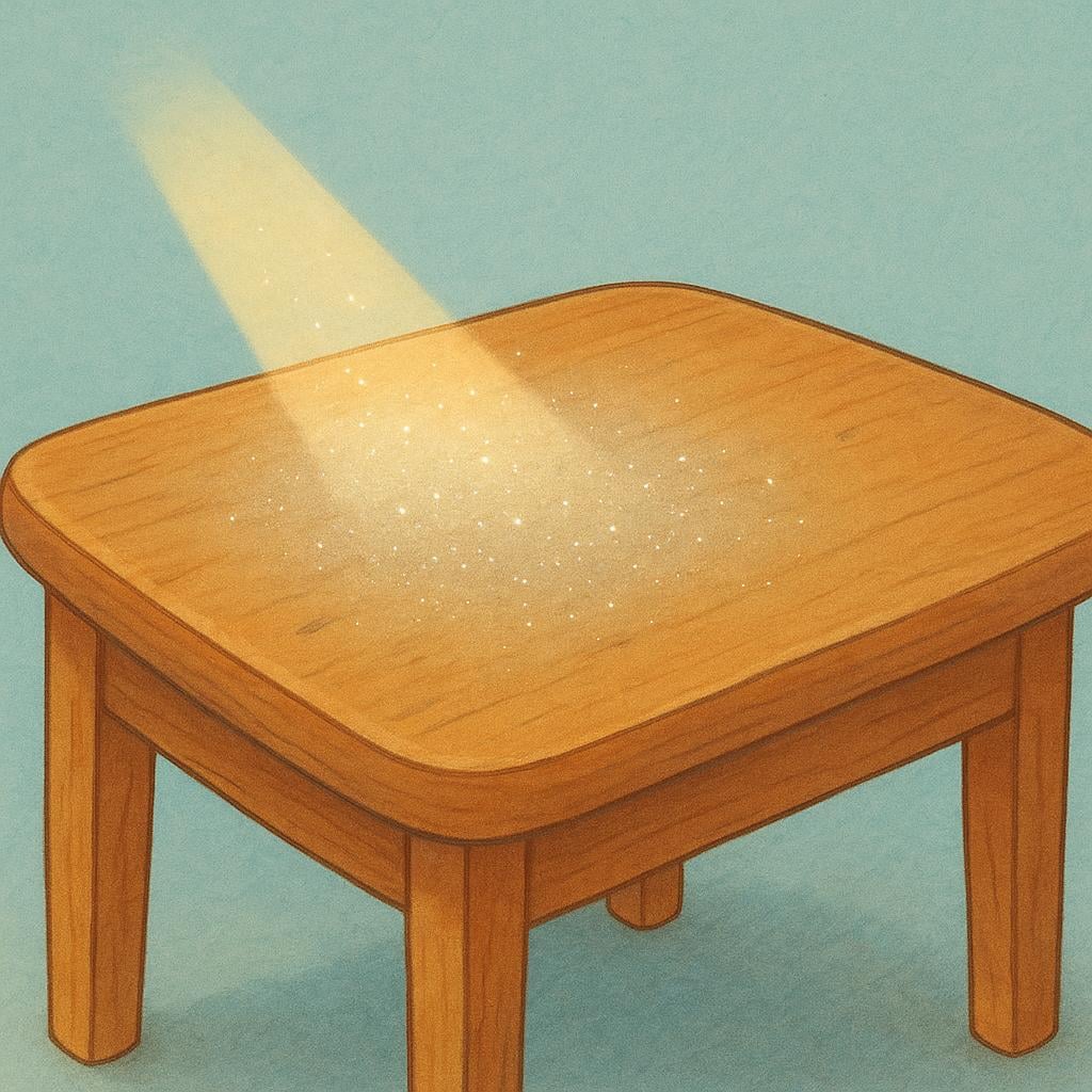 A close-up of an old wooden table surface covered in a thin, visible layer of gray dust.