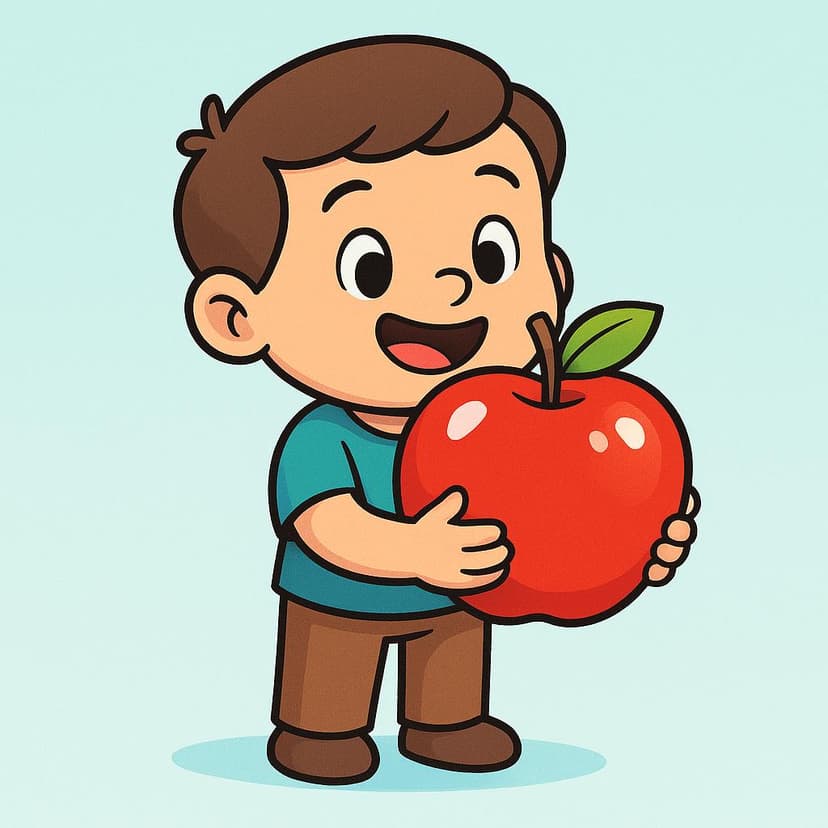 A colorful illustration showing a simplified figure smiling while successfully holding a large red apple they just acquired.