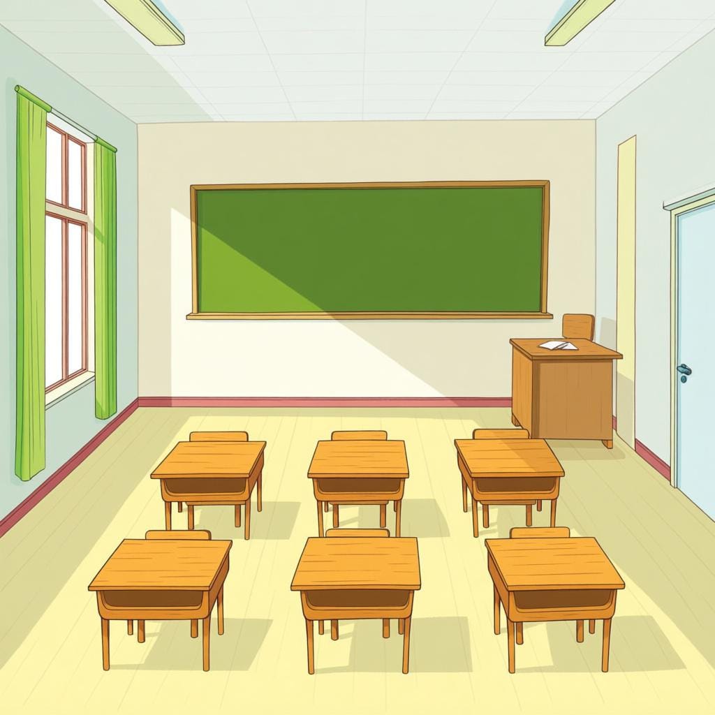 An interior view of an empty, bright classroom with several small wooden desks and chairs neatly arranged facing a large window.