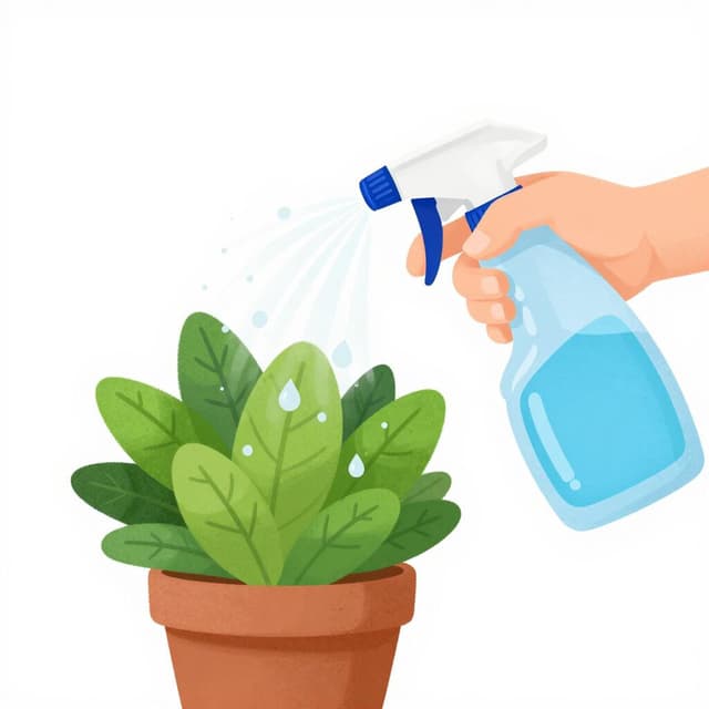 A hand holding a spray bottle, releasing a fine mist of water onto a green plant.