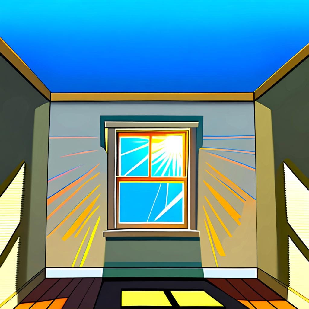 A sun-filled room with a window showing a clear, cloudless blue sky, illustrating the meaning of 'claro' as bright and clear.