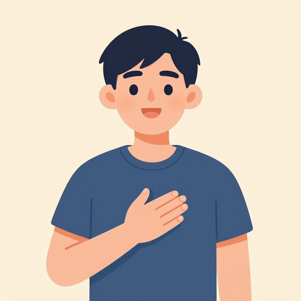 A person holding their hand over their heart with a warm, honest expression on their face.