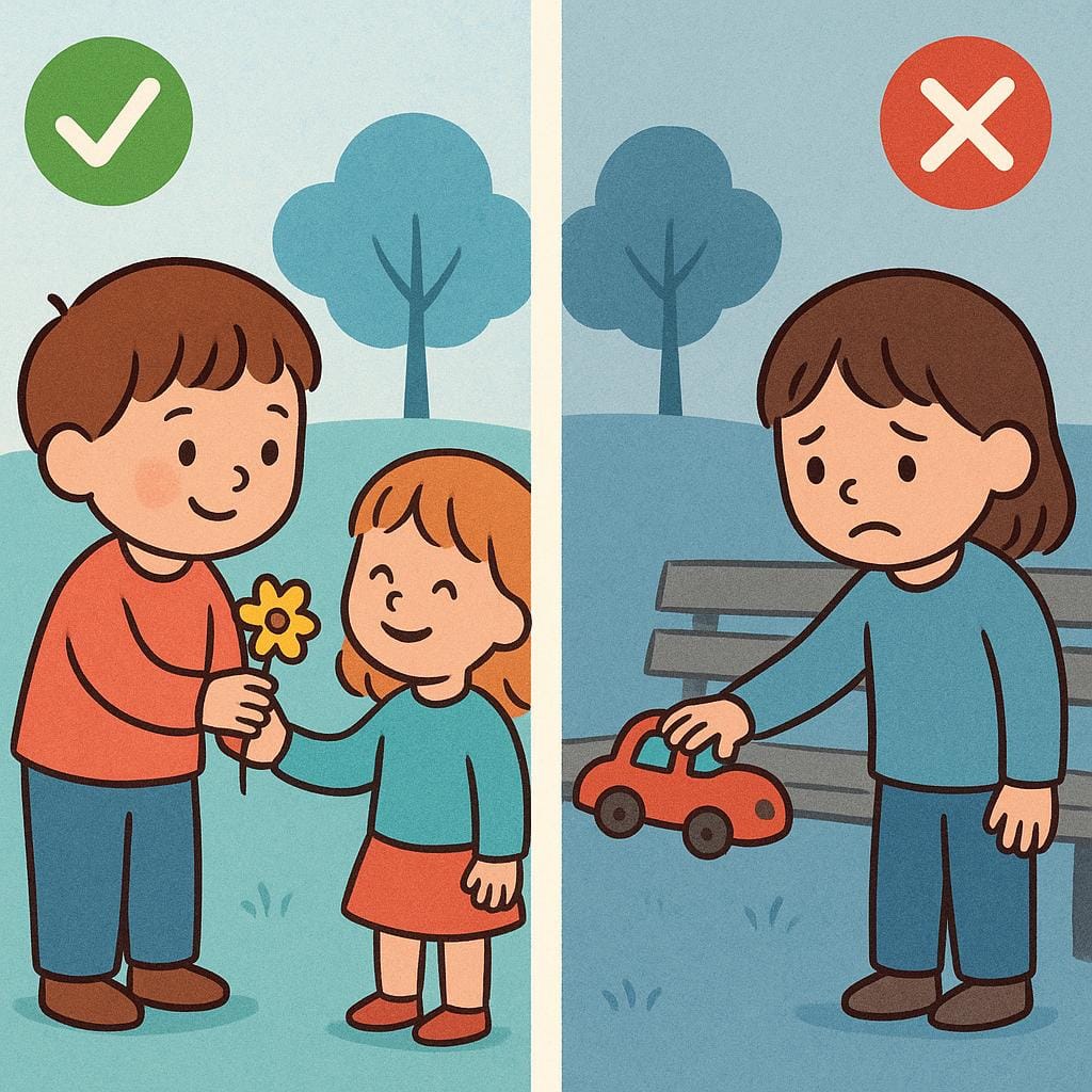 A split image showing a simple, cheerful person on the left gently placing a coin into a donation box (representing 'right'), and on the right, the same person frowning while taking a coin out of the box (representing 'wrong').
