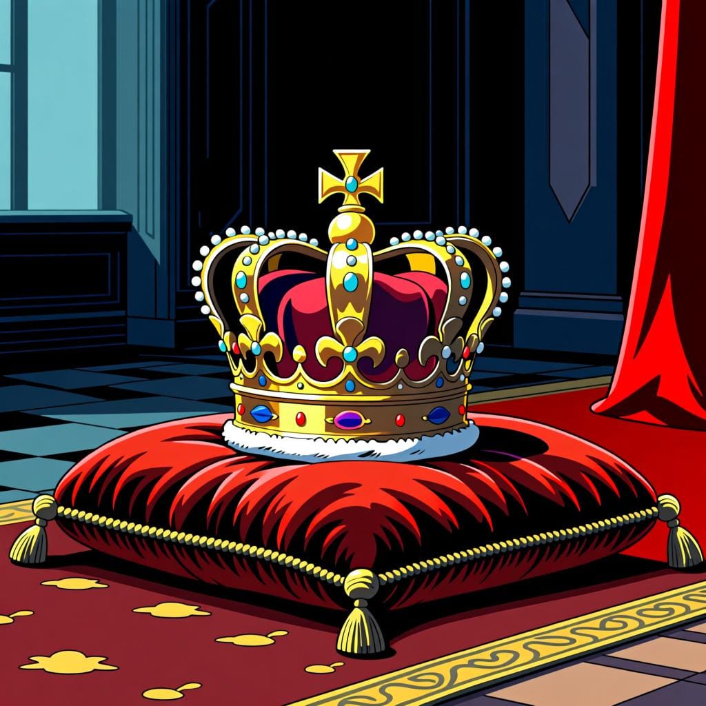 A single, majestic, glowing golden crown resting on a regal red velvet cushion, symbolizing authority and control.