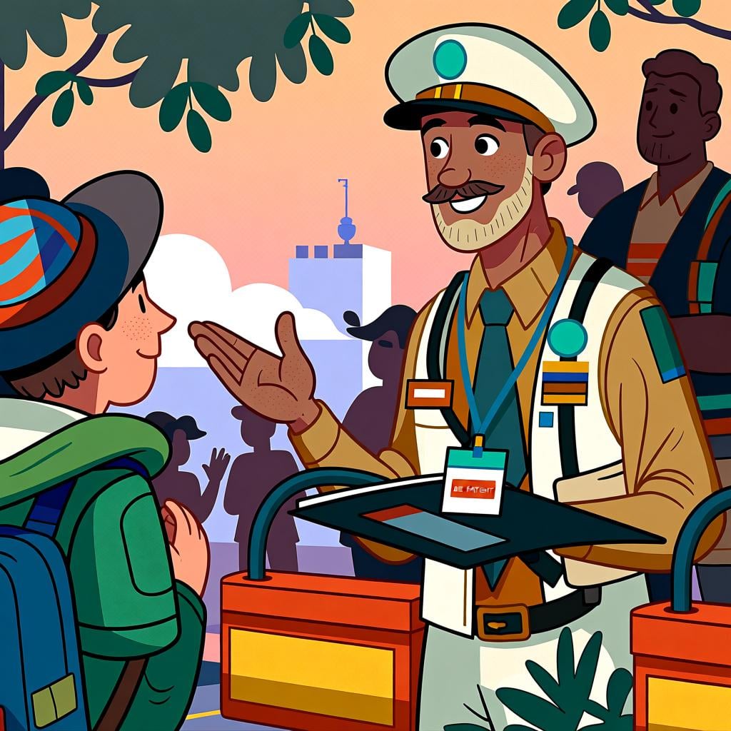 A guide politely instructing someone, illustrating the formal command 'sea'.