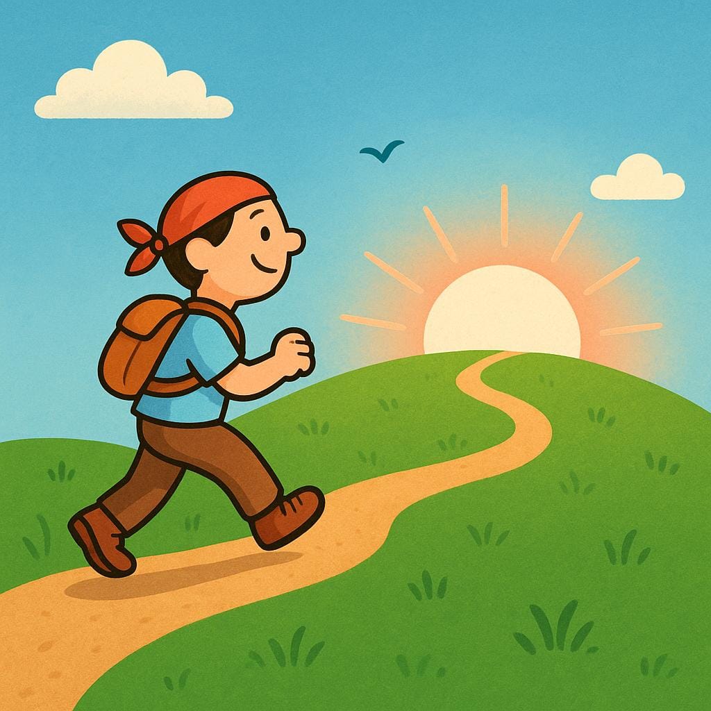 Uma figura de desenho animado sorrindo enquanto sobe uma colina verde suave em direção a um sol de cor viva nascendo sobre montanhas, significando uma jornada de vida ou estilo de vida escolhido.