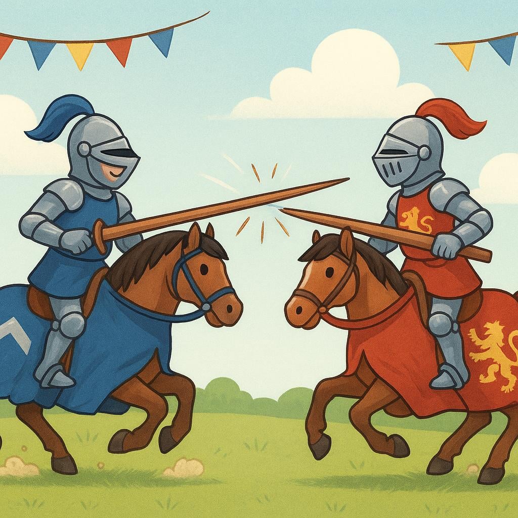 Two armored knights on horseback charging toward each other with lances extended during a medieval jousting match.