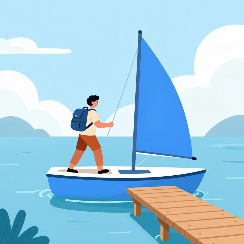A person stepping from a wooden dock onto a small sailboat.