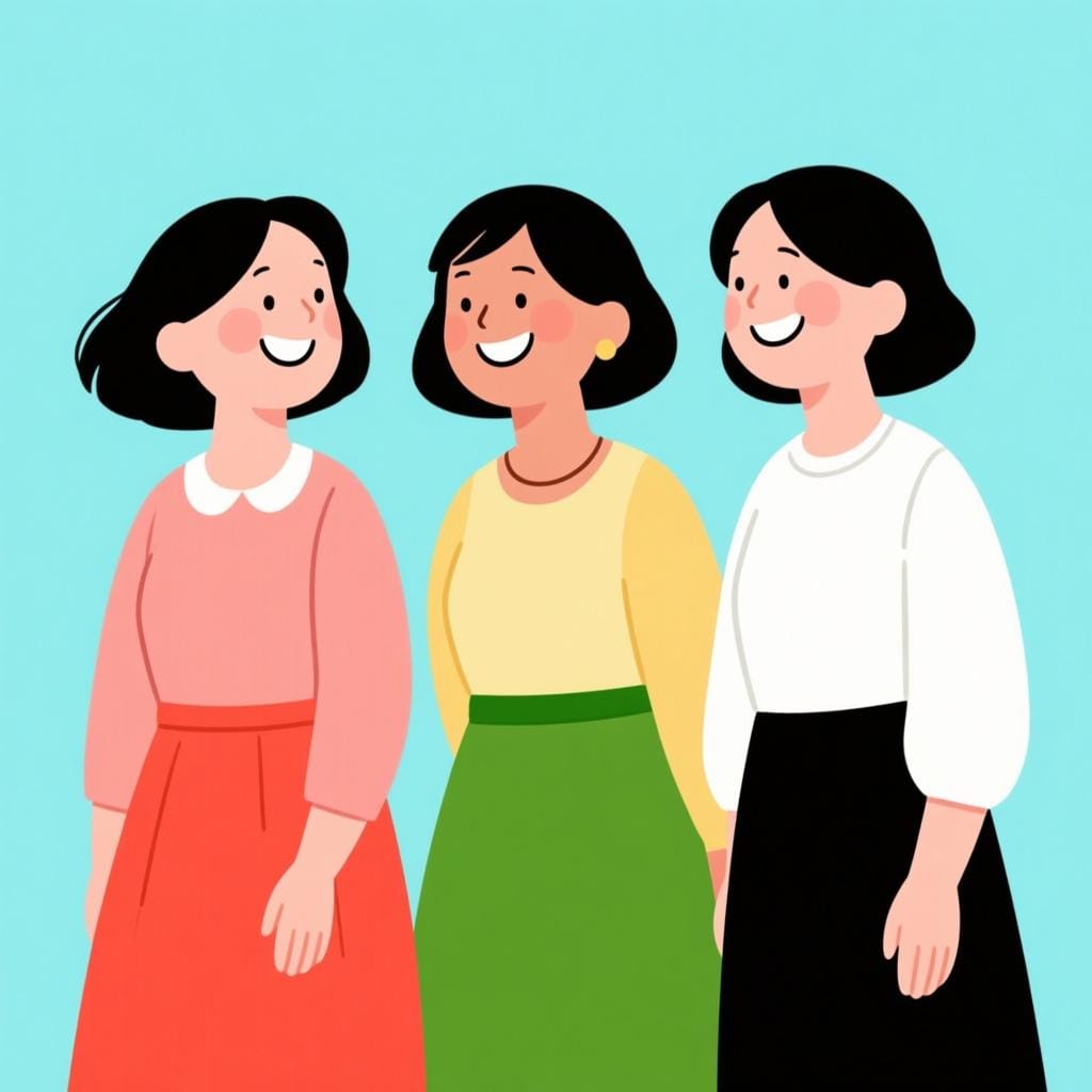 A colorful storybook illustration showing three adult women standing together, representing the plural noun 'women'.