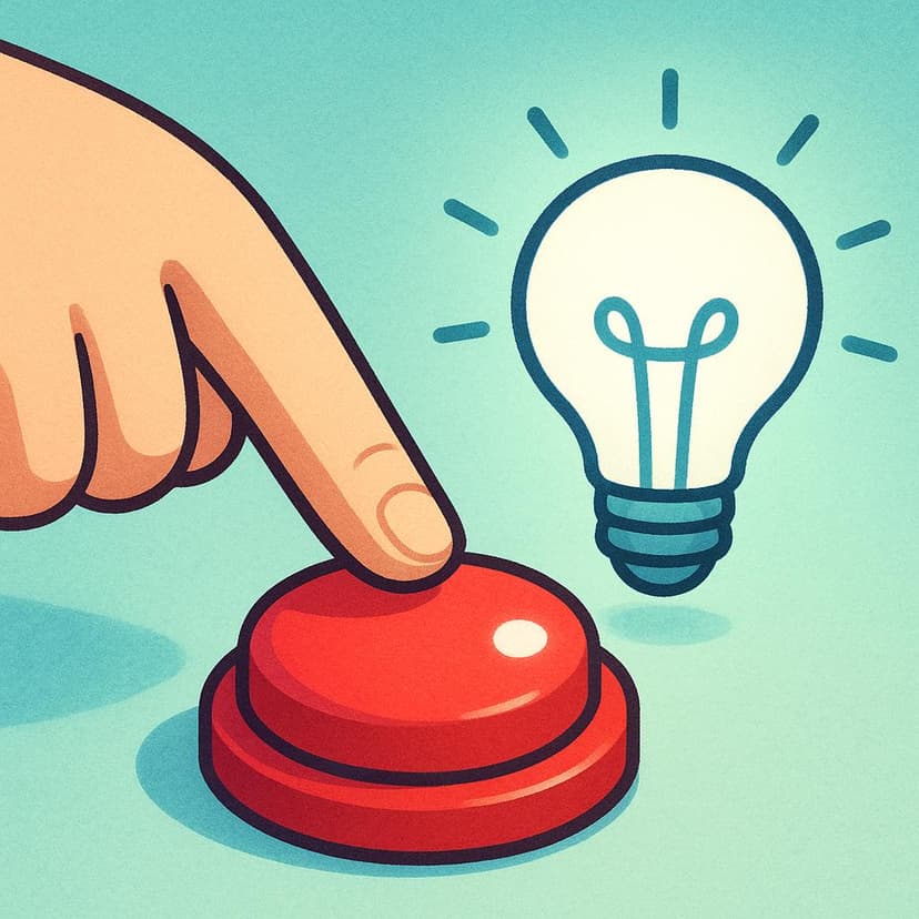 A person's hand pressing a large, colorful button to turn on a bright light bulb.