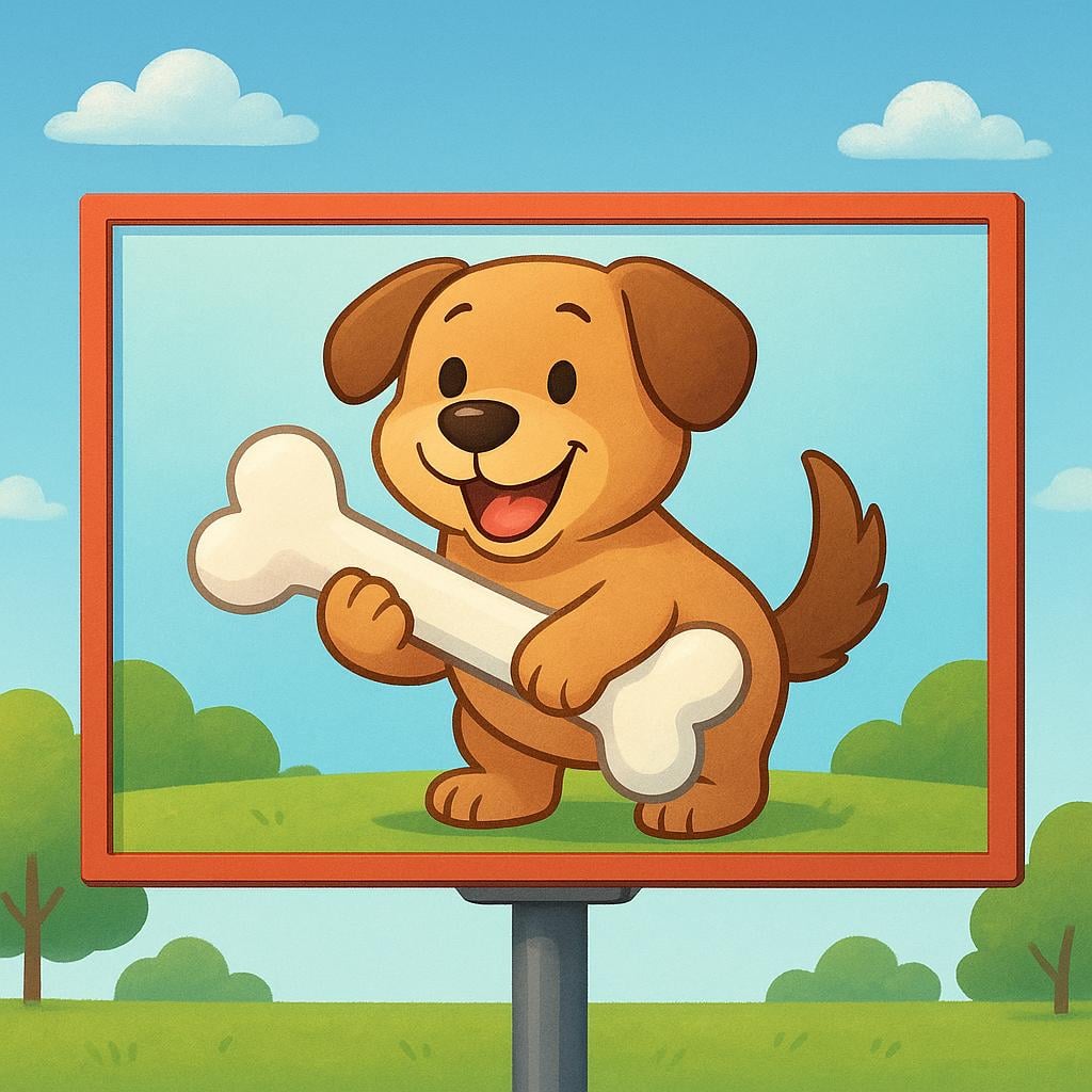 A large, bright, colorful billboard advertisement standing outside, depicting a smiling cartoon dog happily holding a giant bone.