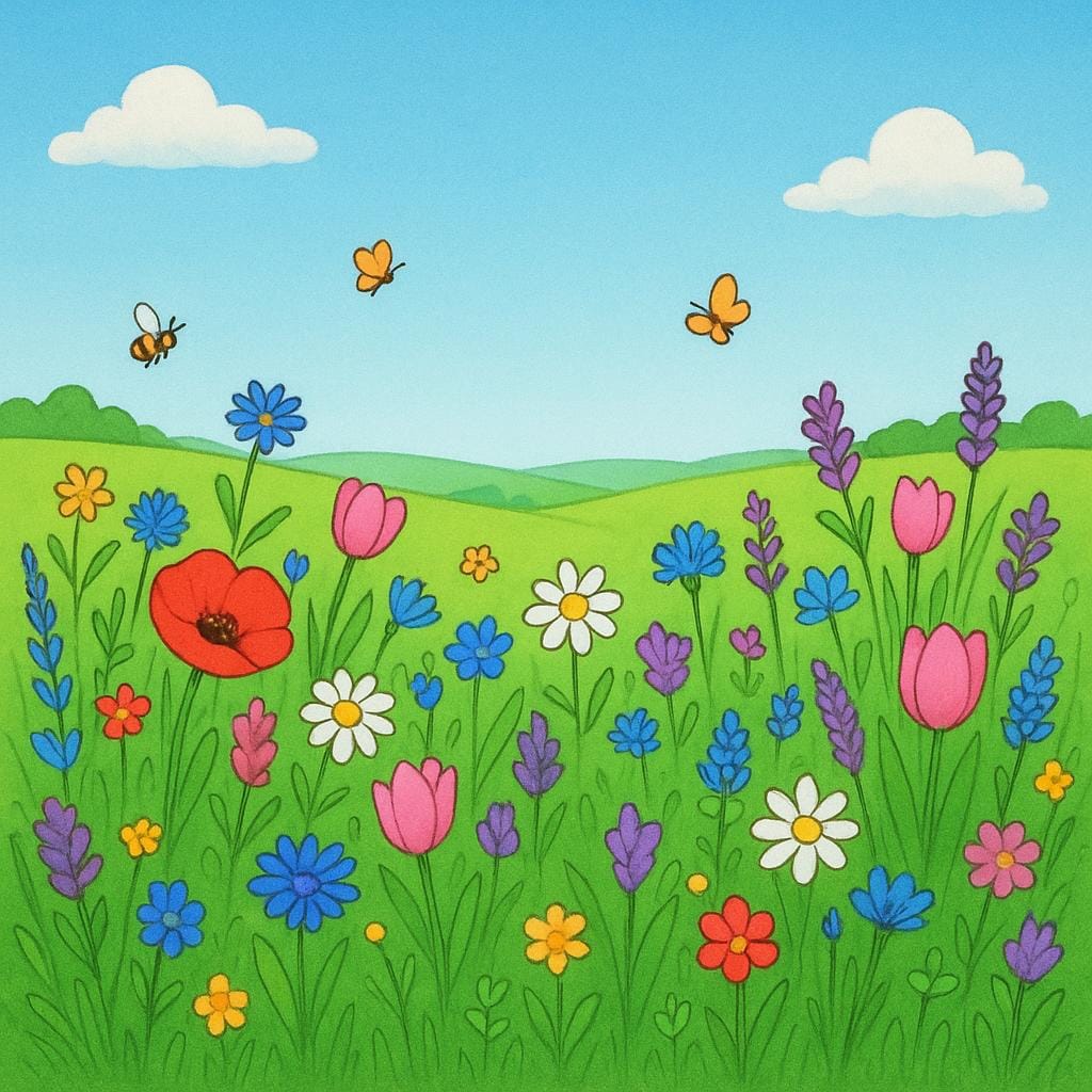 A vibrant illustration of a sunny meadow covered in various colorful spring flowers like red tulips and bluebells, symbolizing the peak of springtime.