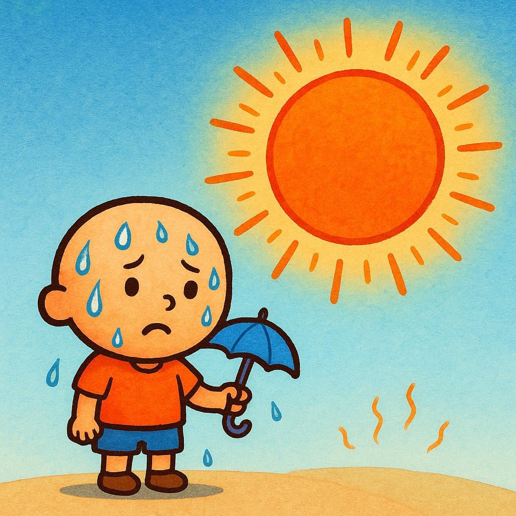 A small figure sweating profusely under a tiny umbrella, dwarfed by a massive, intensely bright, radiating sun, symbolizing intense heat or tremendous scale.