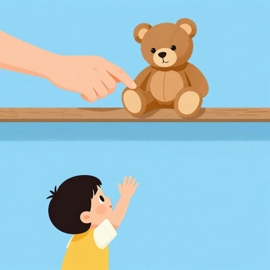 A sad child reaching for a toy that is being placed on a high shelf out of reach.