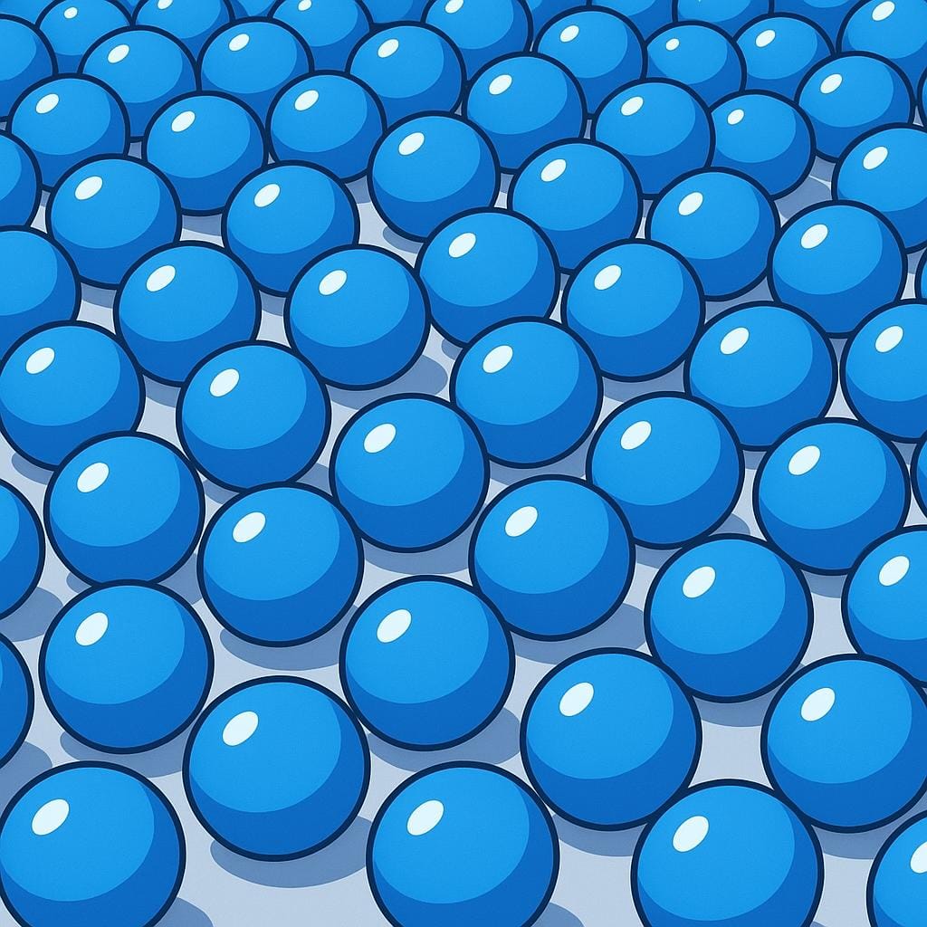 Een massale, uitgestrekte verzameling identieke, kleine, kleurrijke objecten, zoals blauwe knikkers of kleurrijke snoepjes, die de grond bedekken en zich uitstrekken tot in de verte, wat een zeer grote, onbepaalde hoeveelheid illustreert.