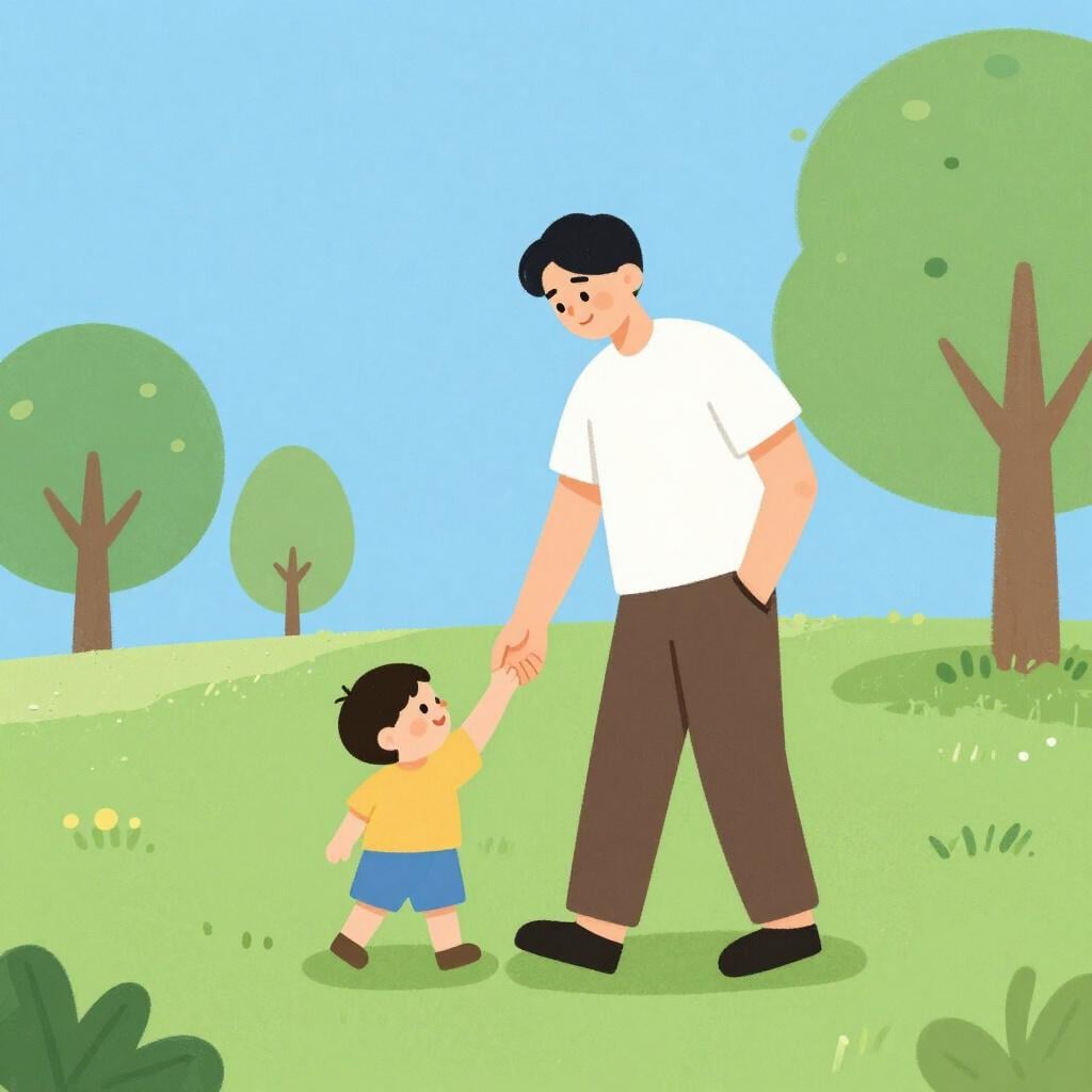 公園を歩く幼い子供の手を握りながら微笑む父親。