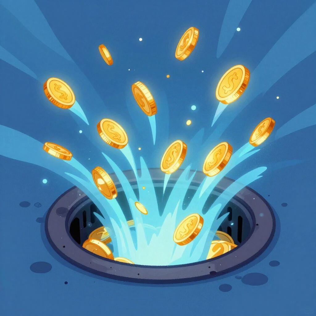 A colorful illustration showing a dark circular drain hole actively pulling bright gold coins and blue energy streams down into its center.
