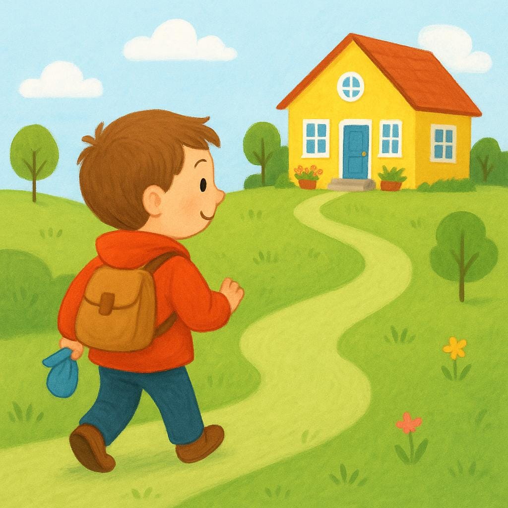 Un petit enfant portant une veste rouge marche le long d'un chemin vert, se dirigeant clairement vers une maison jaune vive et accueillante au loin.
